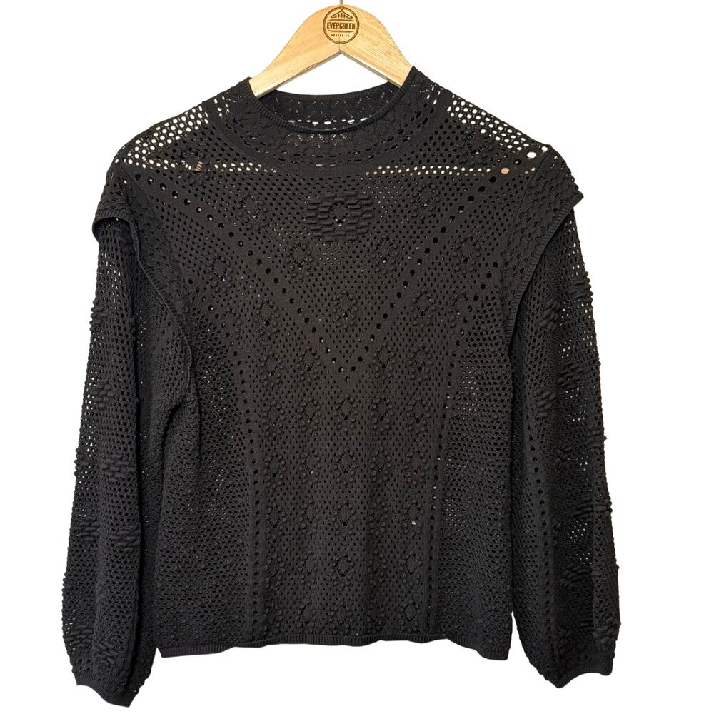FRAME Crochet Open-Knit Sweater Puff Sleeve Mockneck Viscose Black Women’s Small